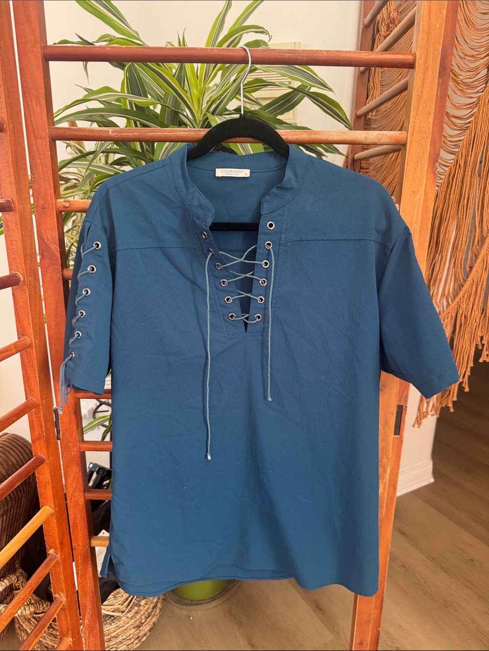 Coofandy Men's Teal Lace-Up Short Sleeve Shirt M